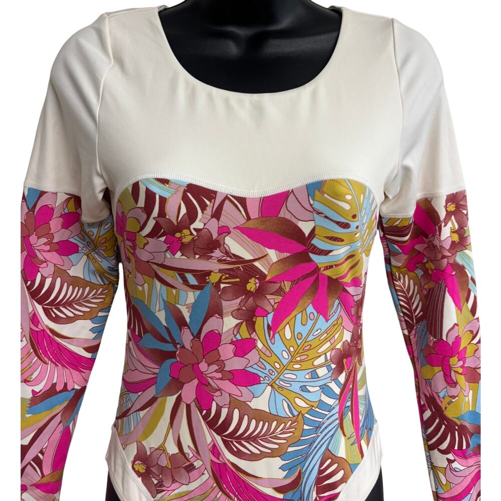 Hurley Womens One Piece Swimsuit Medium Floral Long Sleeve Cutout Surf Suit New - Picture 2 of 9